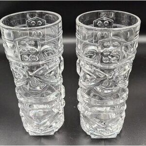 Set Of 2 Clear Tiki Bar Totem Glasses Heavy 12 Oz Hawaiian Design     17